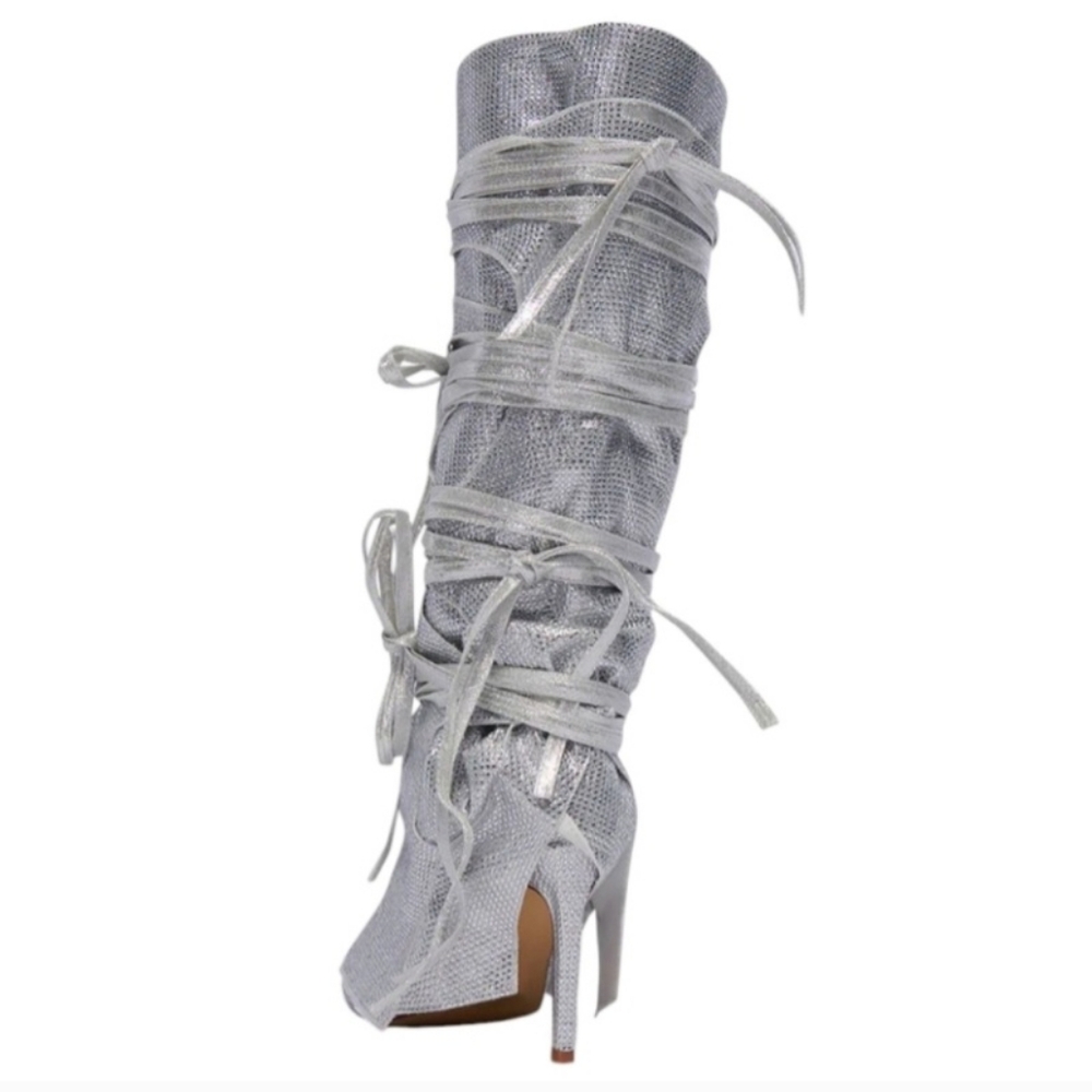 Glamorous Cordial-Silver Rhinestone Heeled Boots with Stiletto